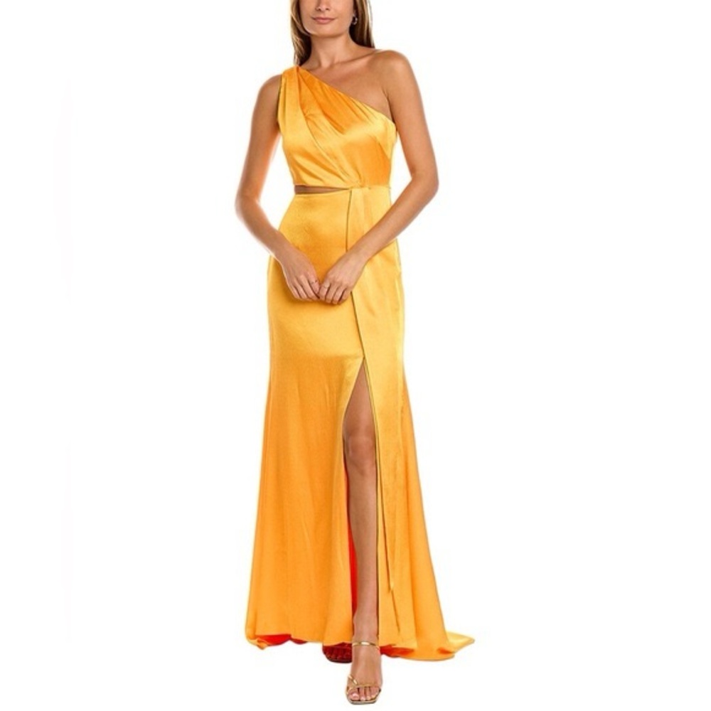 Monique Lhuillier One-Shoulder Satin Gown in Marigold